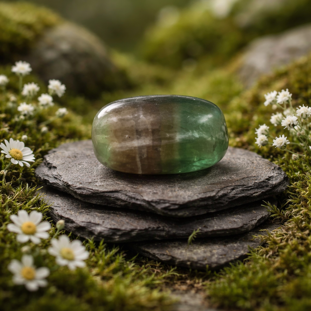 Fluorite tumblestone on stacked stones with moss and flowers in the background
