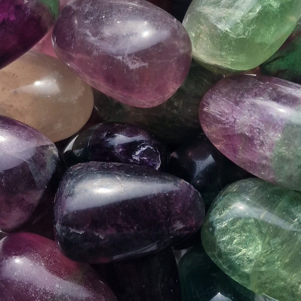 Green and purple Fluorite Tumblestones group