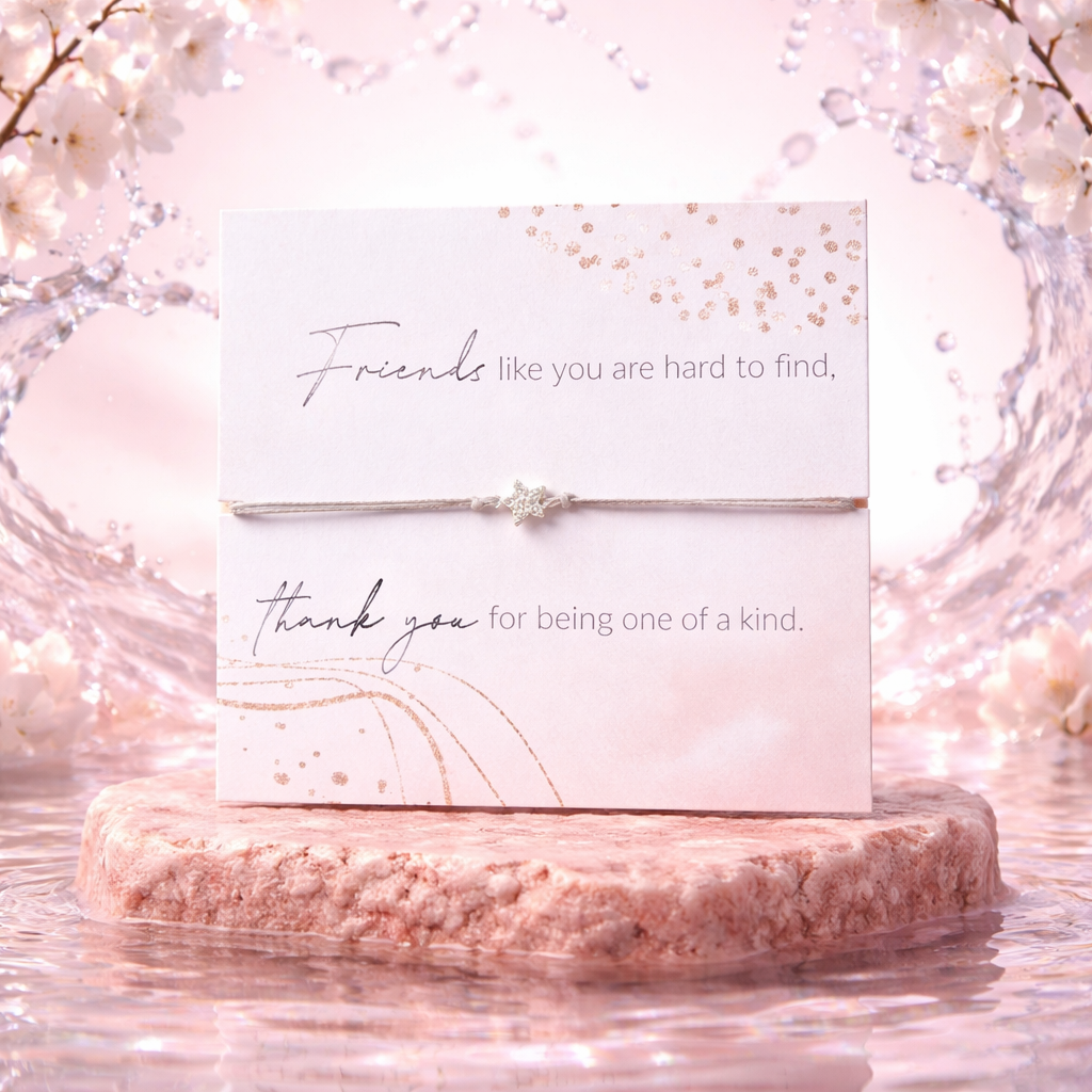 Star Bracelet on a grey cord bracelet with a message 'Friends Like you' on a decorative stand with cherry blossoms in the background