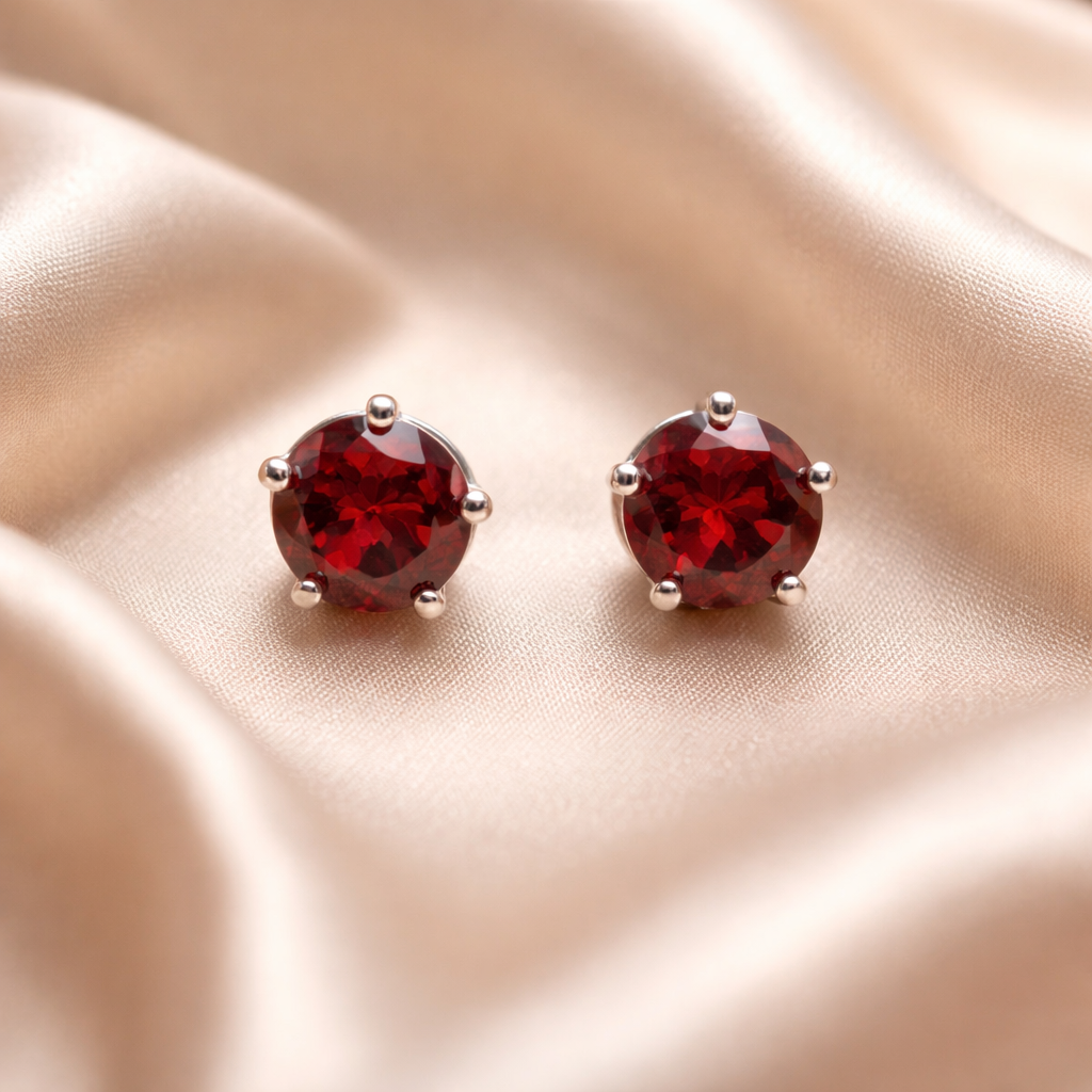Pair of red garnet gemstone stud earrings on a beige fabric background