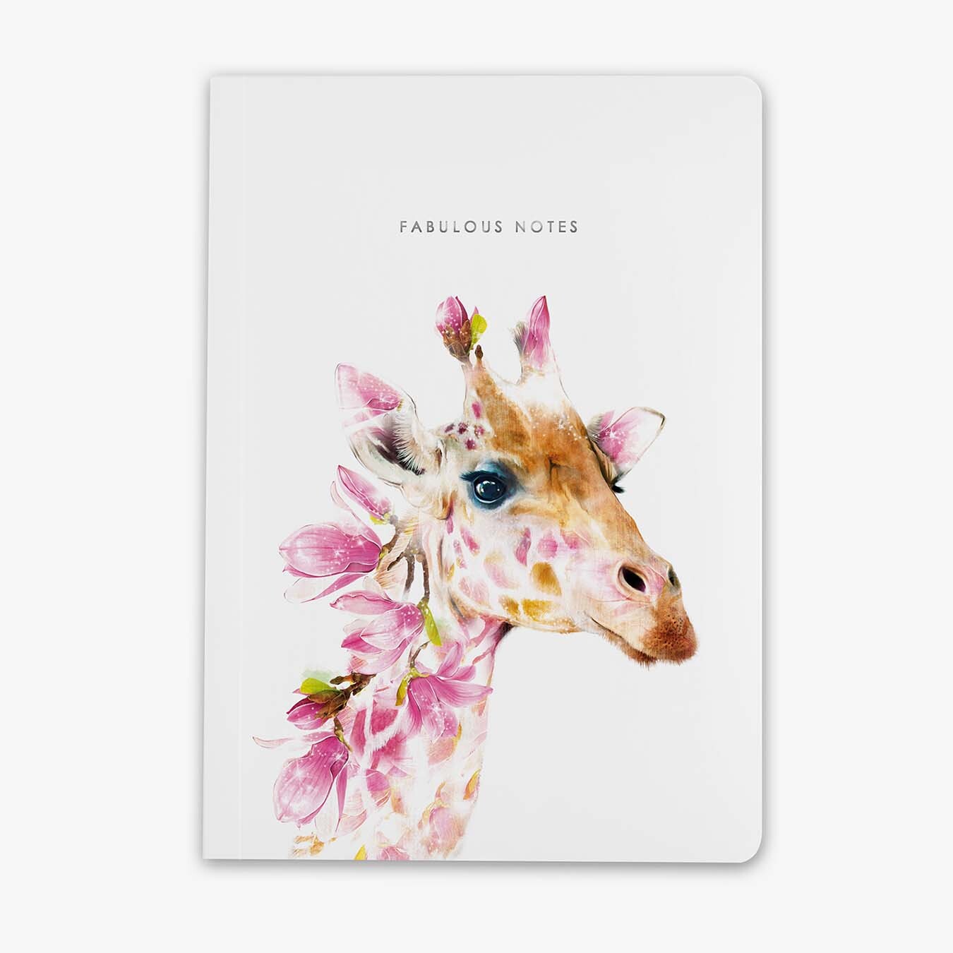 Notebook with a giraffe illustration and 'Fabulous Notes' text on a white background