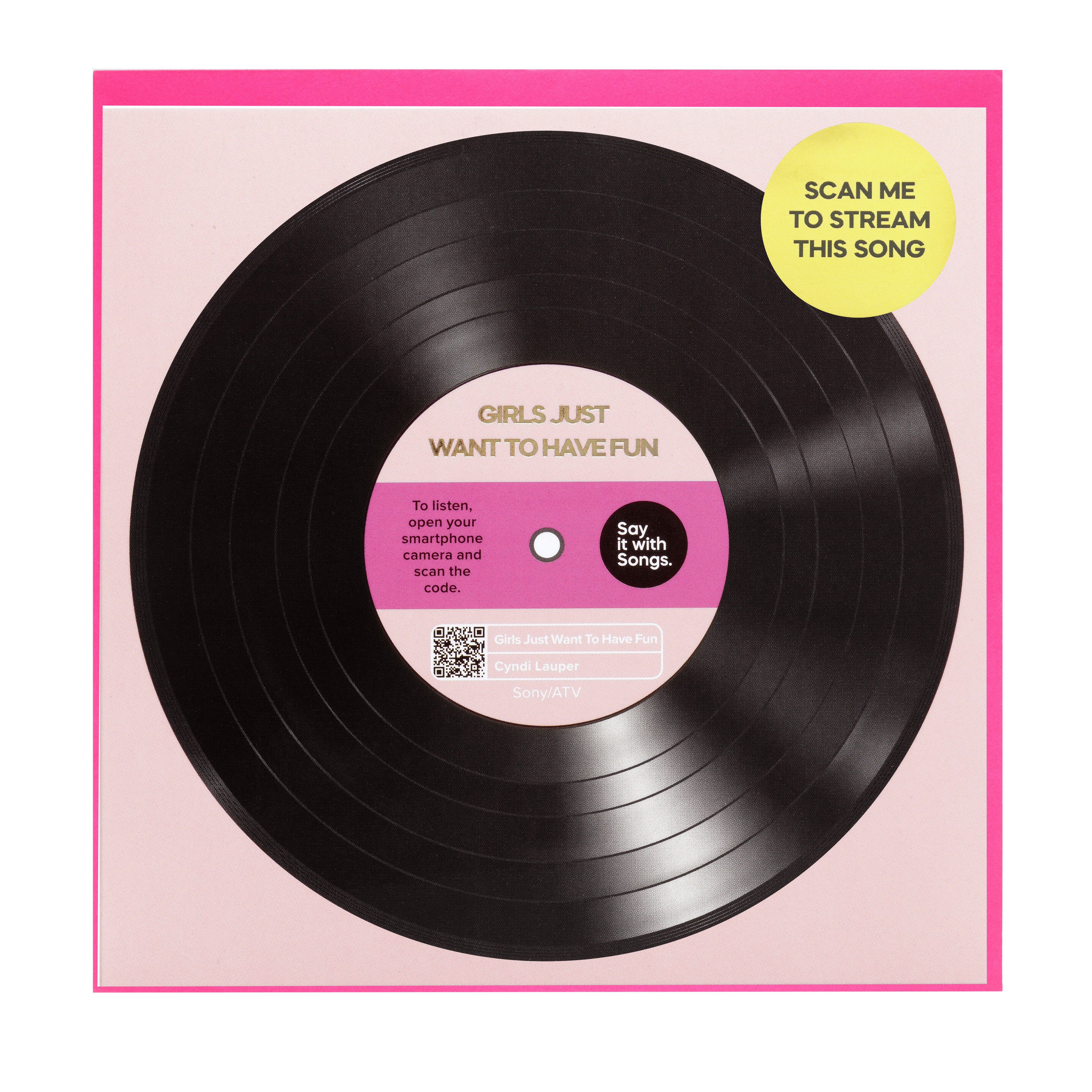 Vinyl record with a pink label and QR code on a pink background