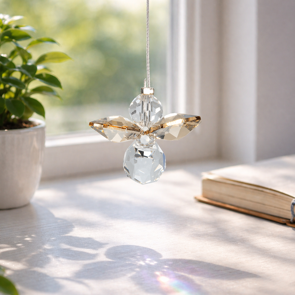 Colorful crystal angel decoration hanging on a wire with a plant and book in the background.