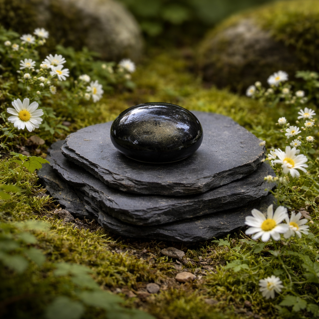 Gold Sheen Obsidian Tumblestone on a stone bed on a green mossy background with white flowers 