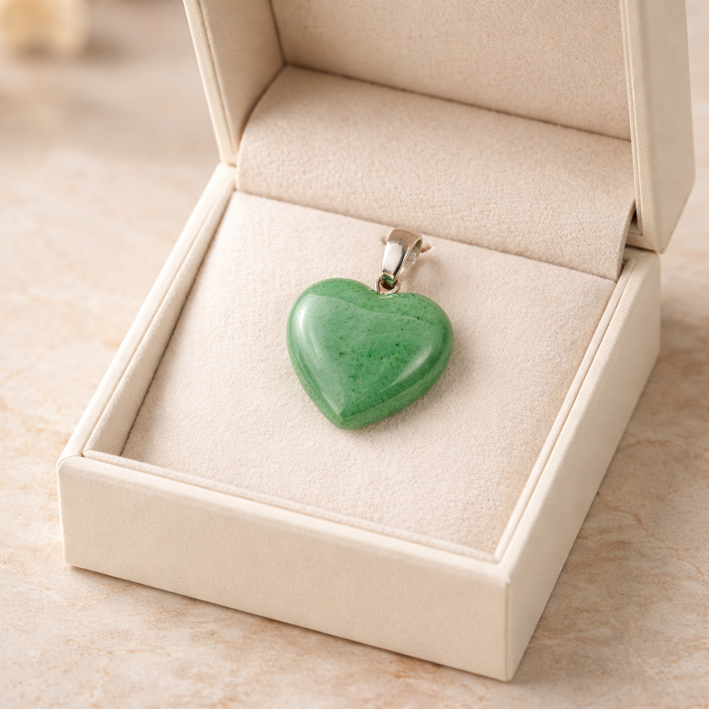 Green heart-shaped crystal pendant in an open beige jewellery box on a light wooden surface