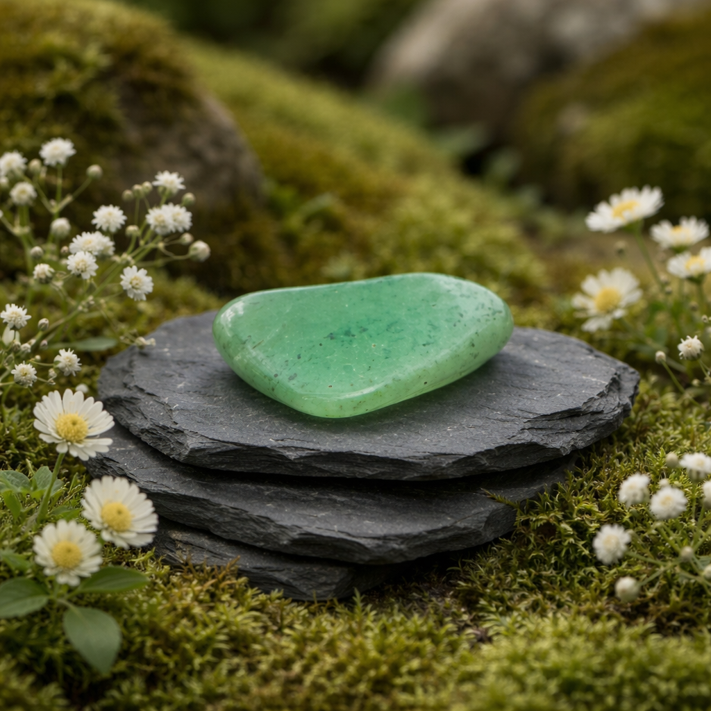 Green Aventurine tumblestone on stacked black stones with white flowers in a natural setting