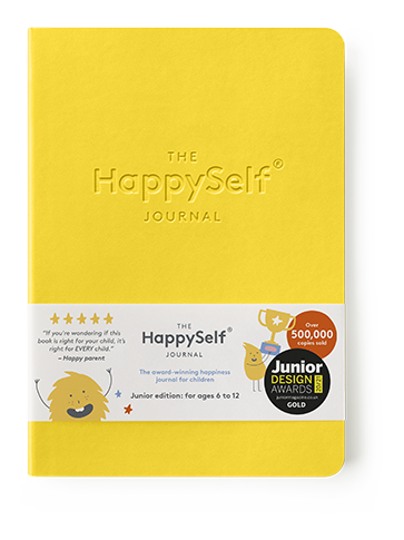 Yellow journal titled 'The HappySelf Journal' with branding and awards on a white background