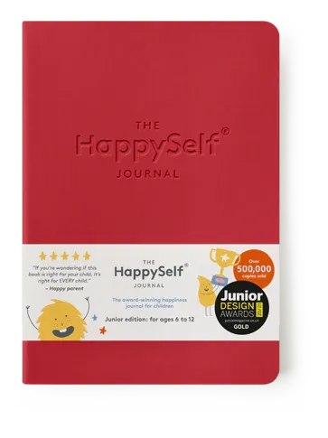 Red journal titled 'The HappySelf Journal' on a white background