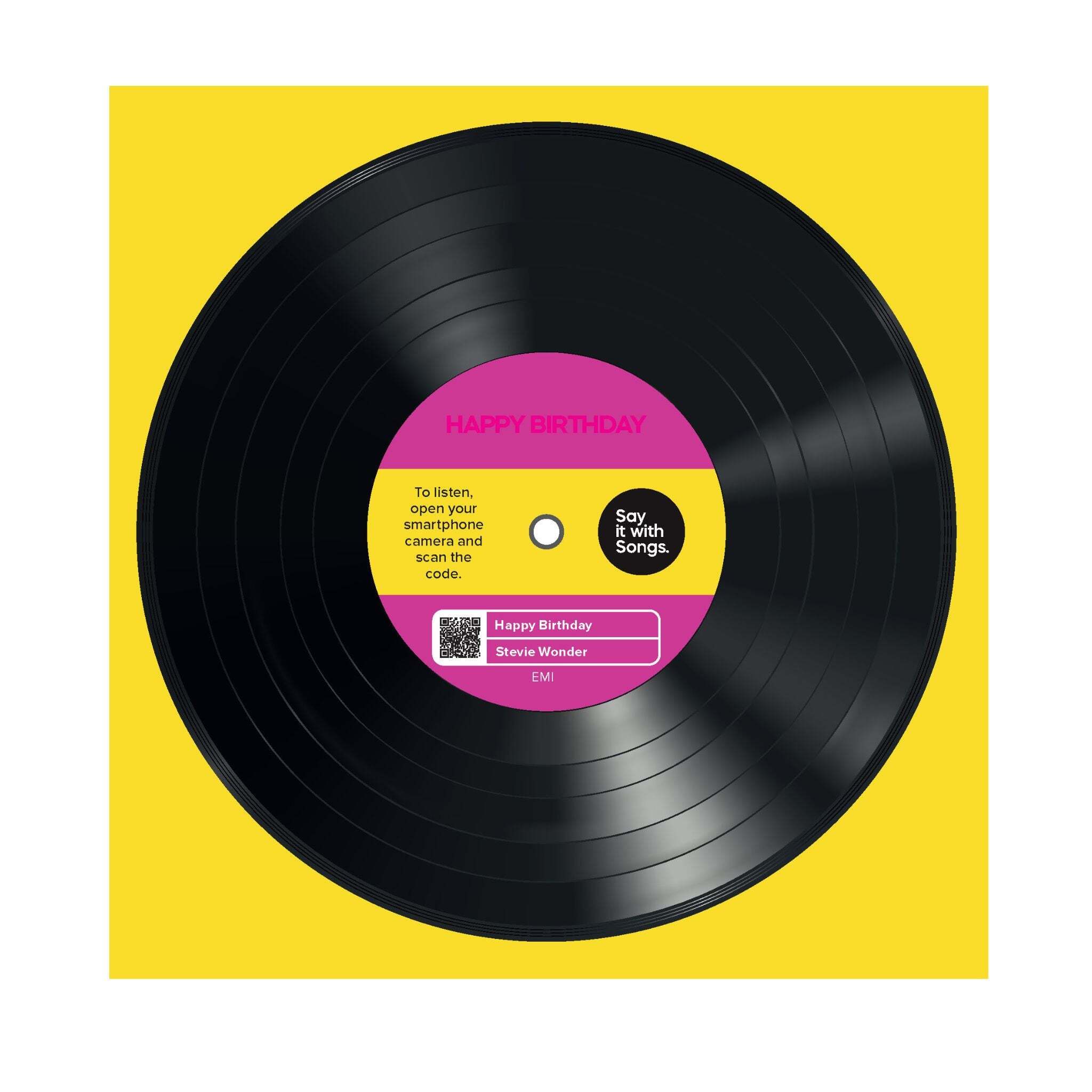 Vinyl record with a pink label on a yellow background