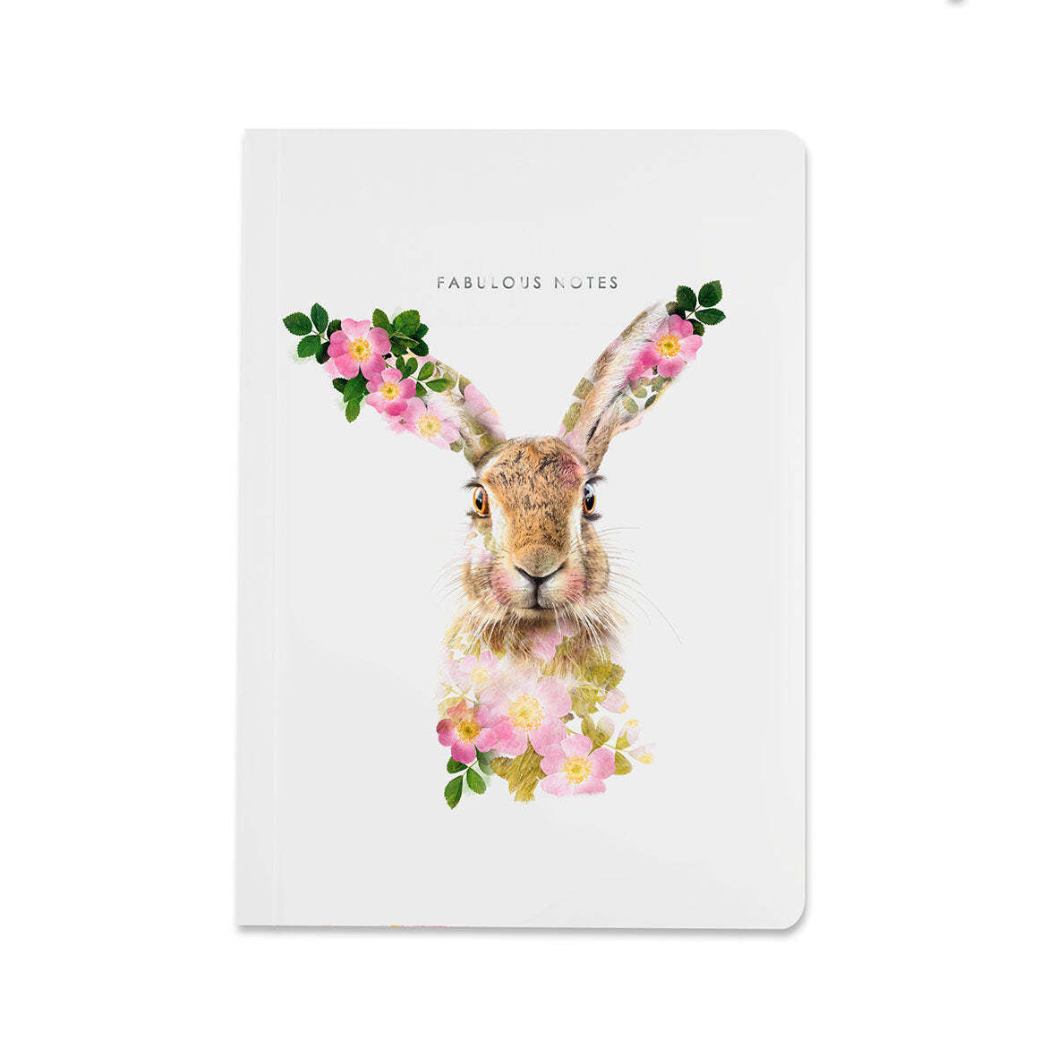 Notebook with a hare illustration and floral elements on a white background