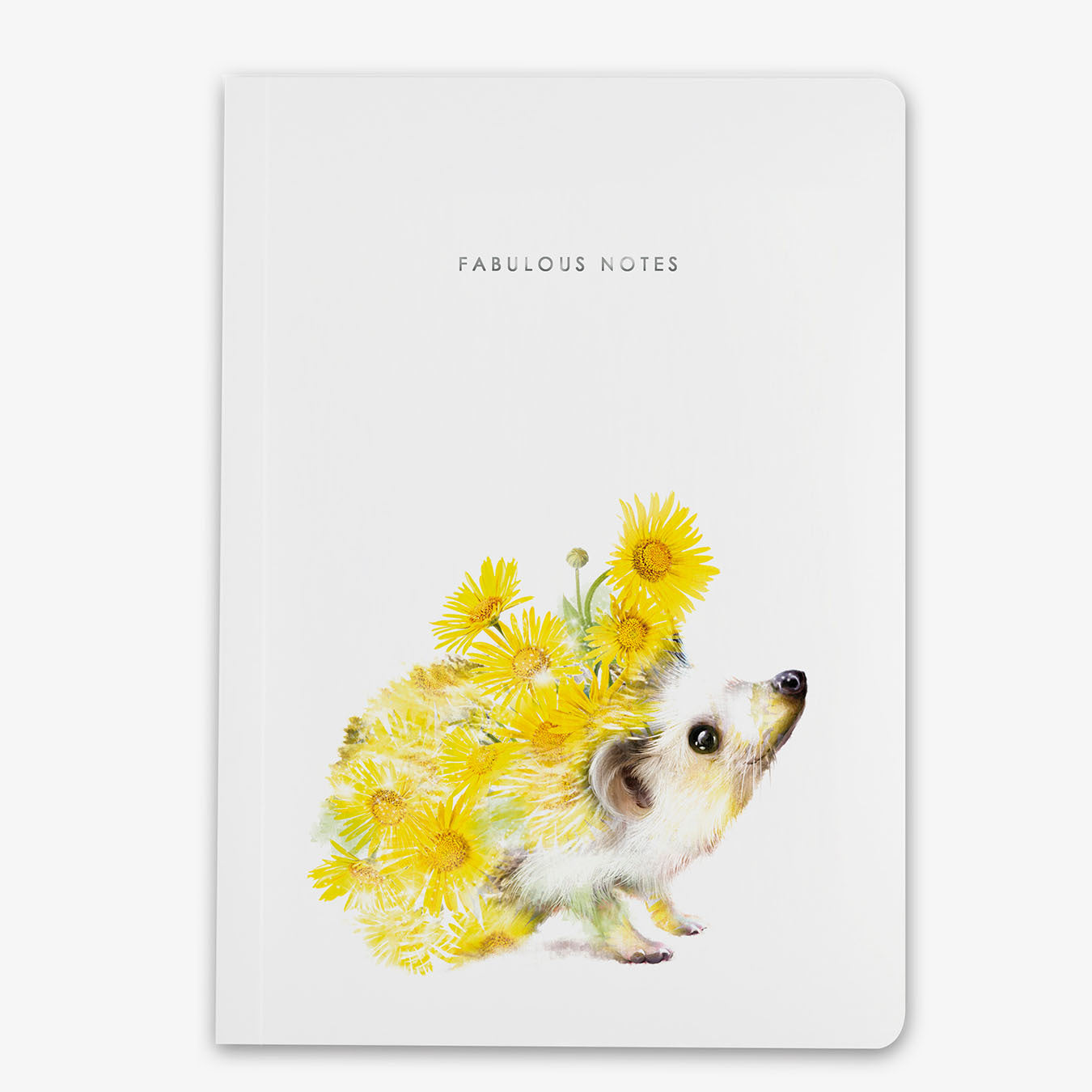 Notebook with a hedgehog and yellow flowers design on a white background