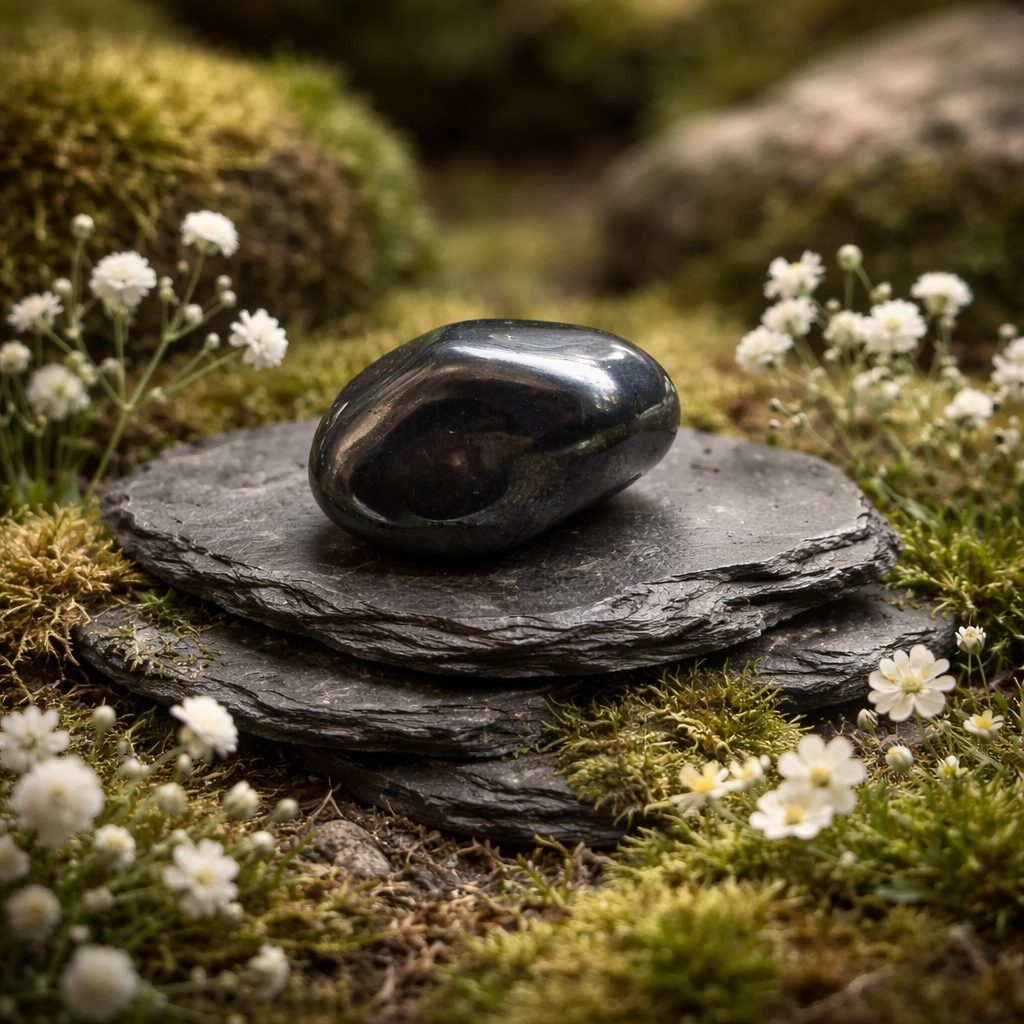Hematite tumblestone on stacked stones with white flowers and green moss