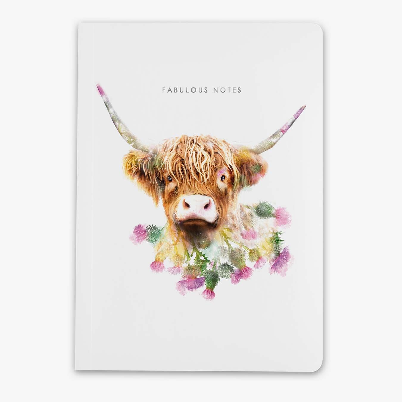 Notebook cover with a highland cow illustration and 'Fabulous Notes' text on a white background