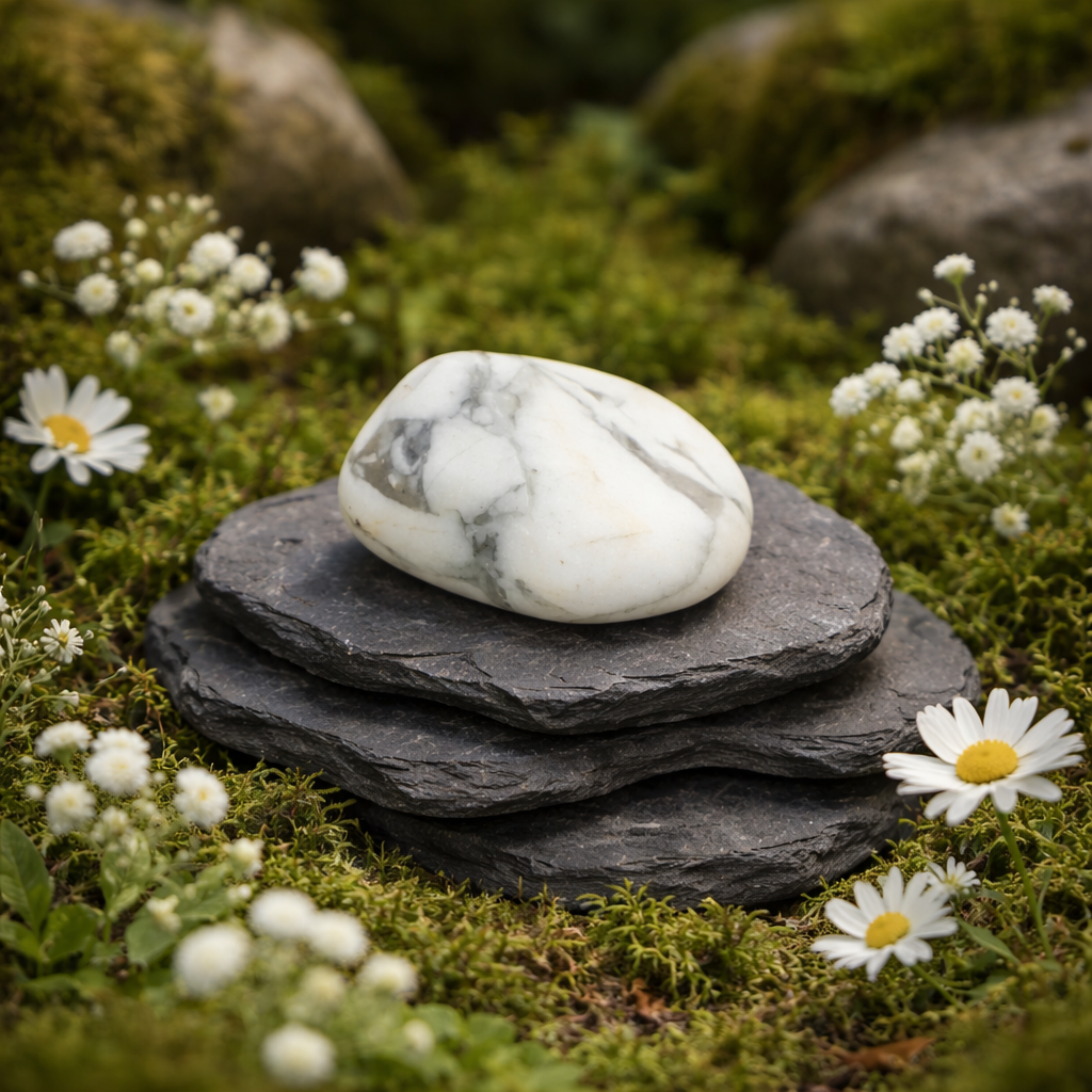 White marbled Howlite tumblestone on stacked black stones with white flowers in a natural setting