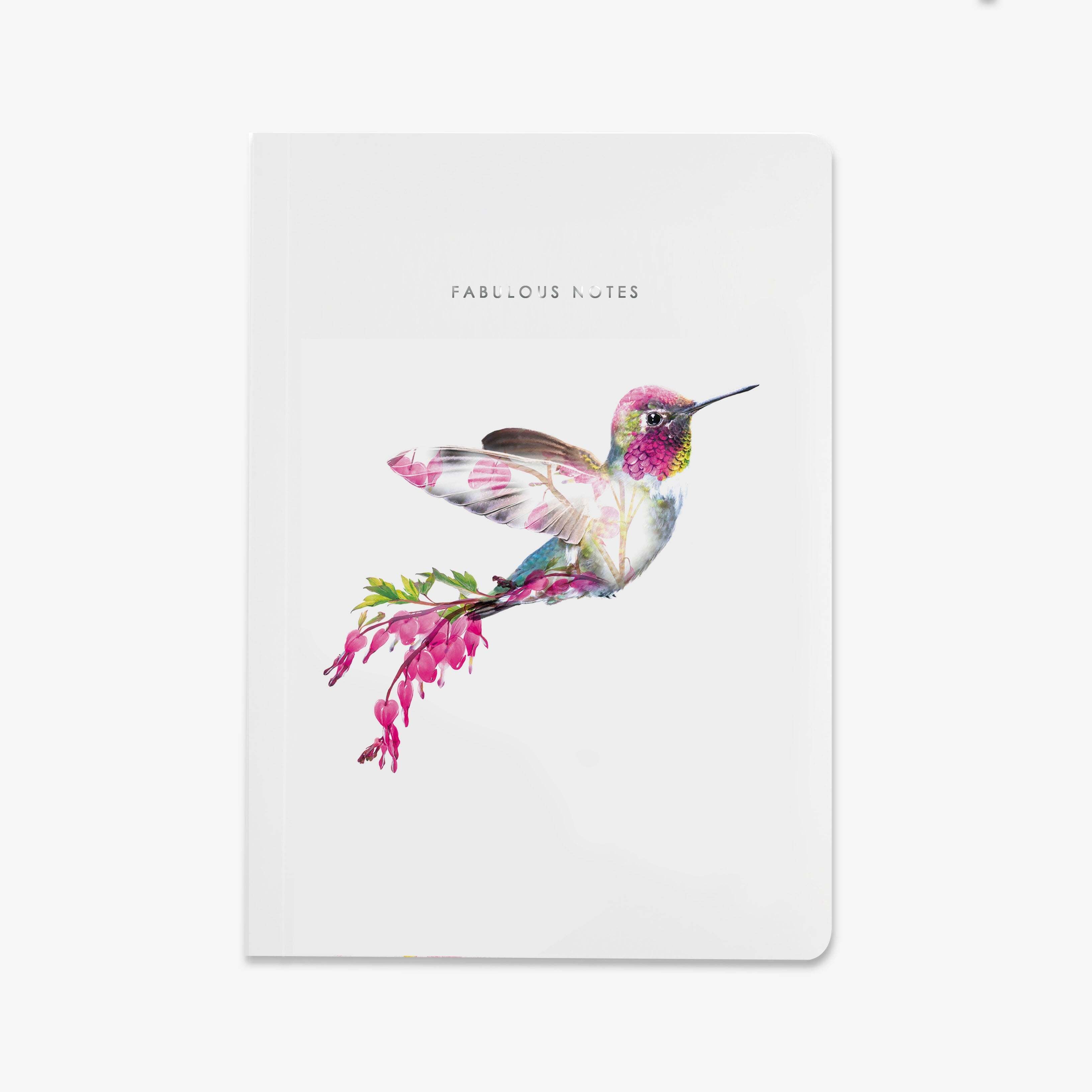Notebook cover with a colorful hummingbird illustration on a white background