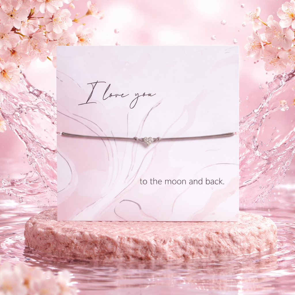 Card with 'I love you to the moon and back' message and a bracelet on a pink floral background