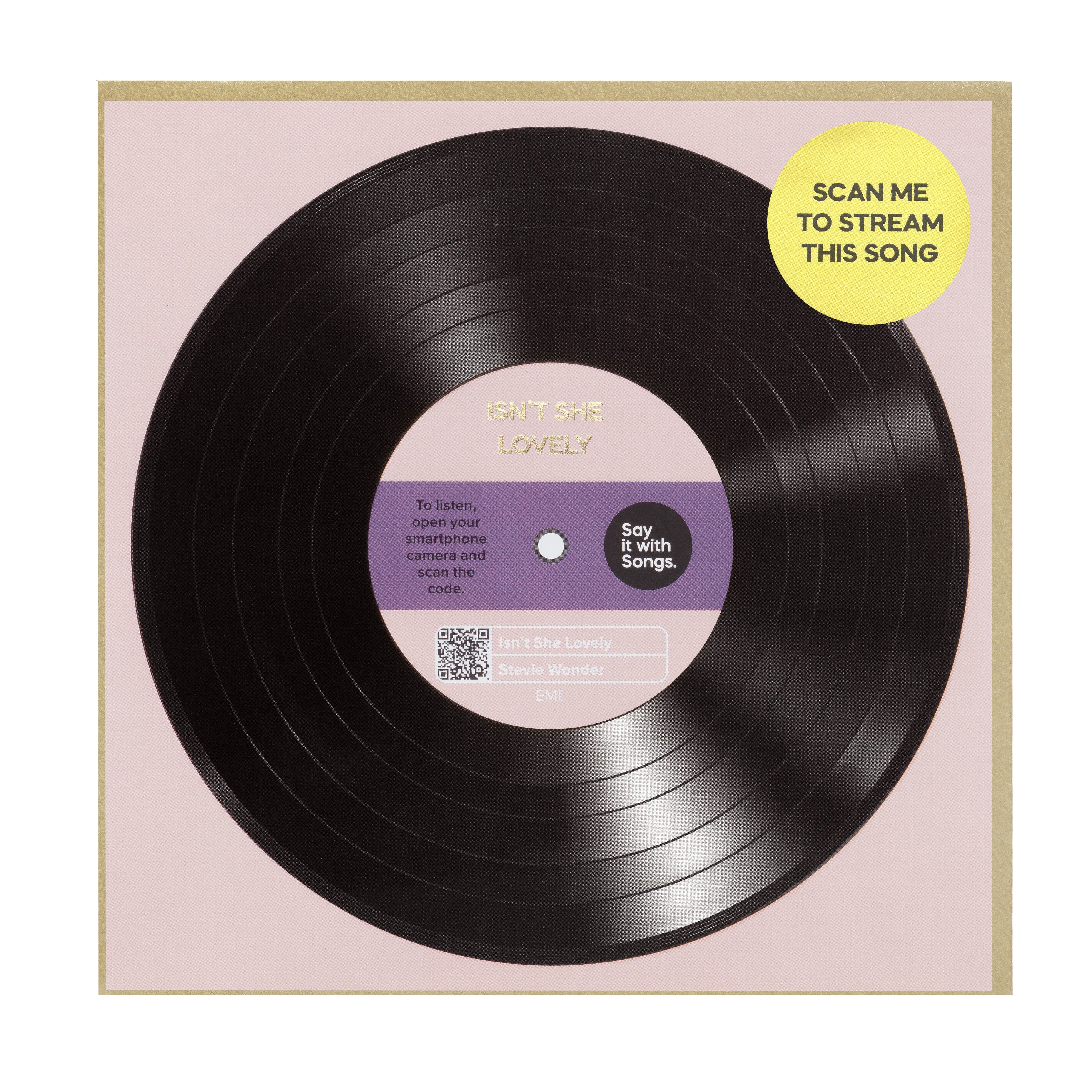 Vinyl record with a label and scan me to stream feature on a pink background