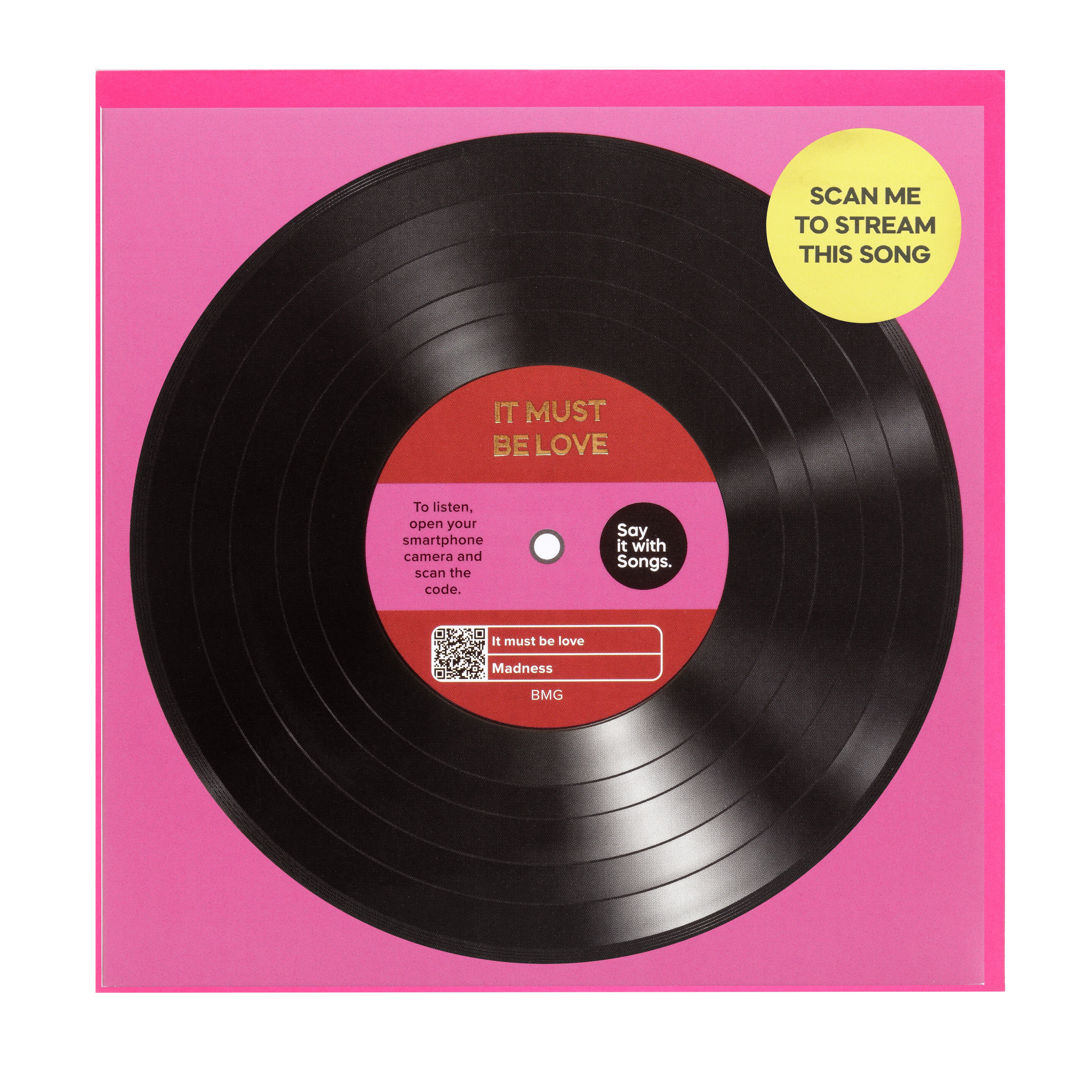 Vinyl record with a pink label and QR code on a pink background