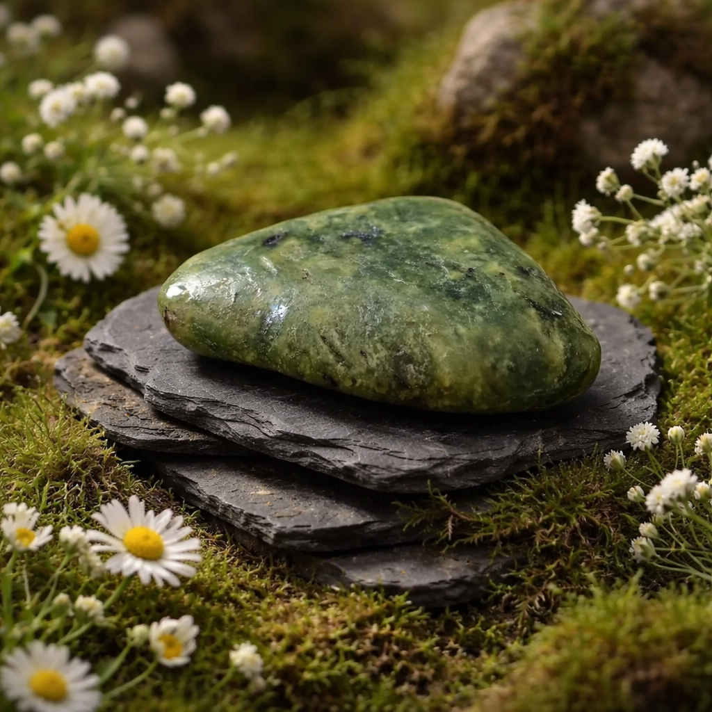 Jade Nephrite tumblestone on stacked black stones with white flowers in a natural setting
