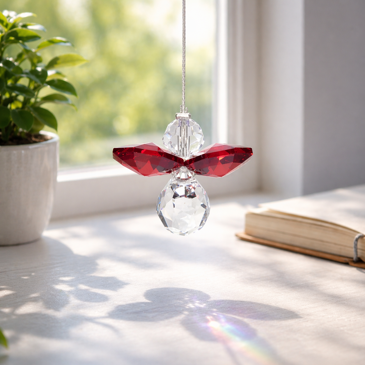 Crystal hanging angel ornament with red accents on a windowsill with a plant and book in the background.