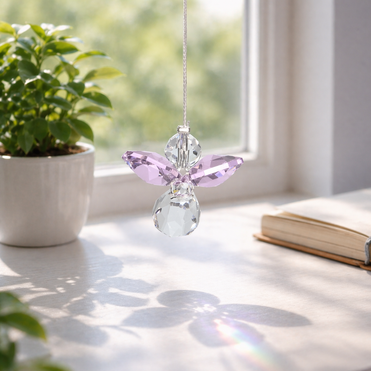 Crystal angel ornament on a windowsill with a plant and book in the background