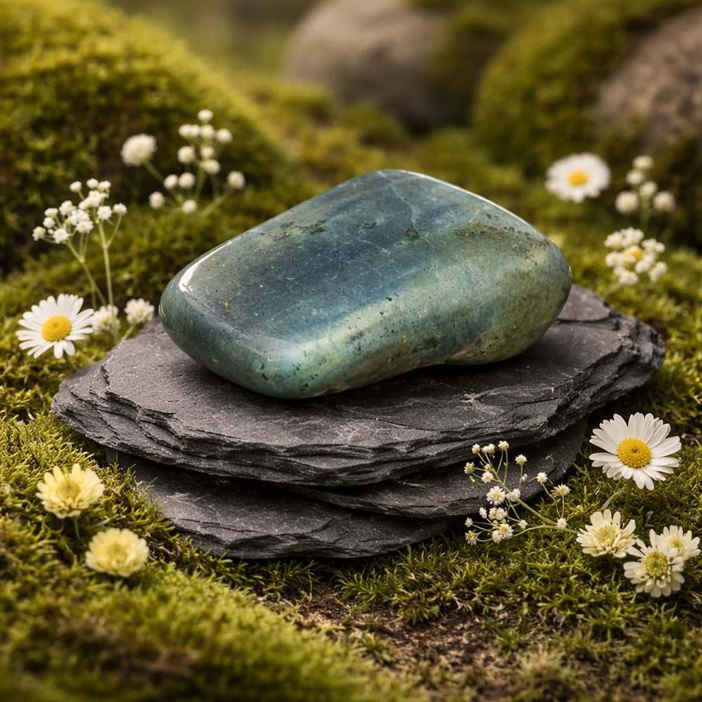Labradorite tumblestone on stacked black stones surrounded by moss and small white flowers