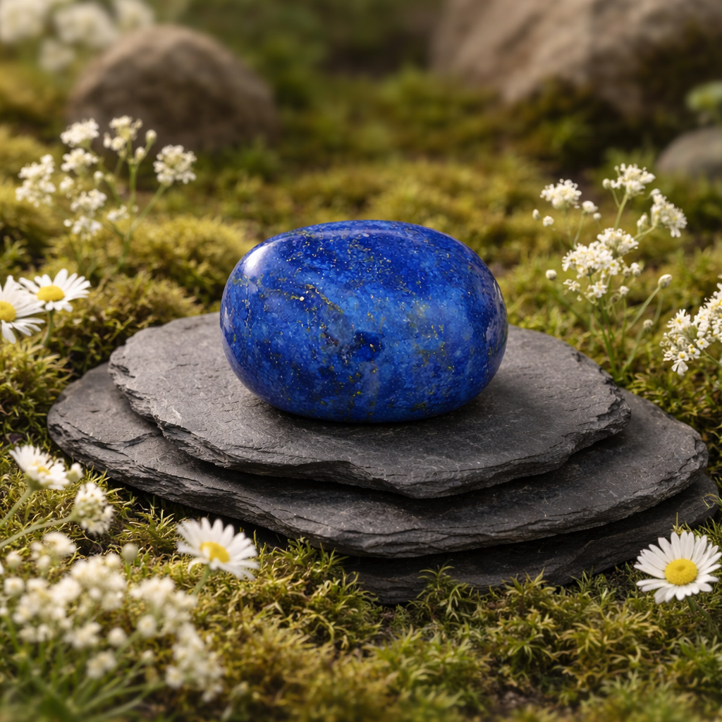 Lapis Lazuli tumblestone on a stack of black stones surrounded by grass and flowers