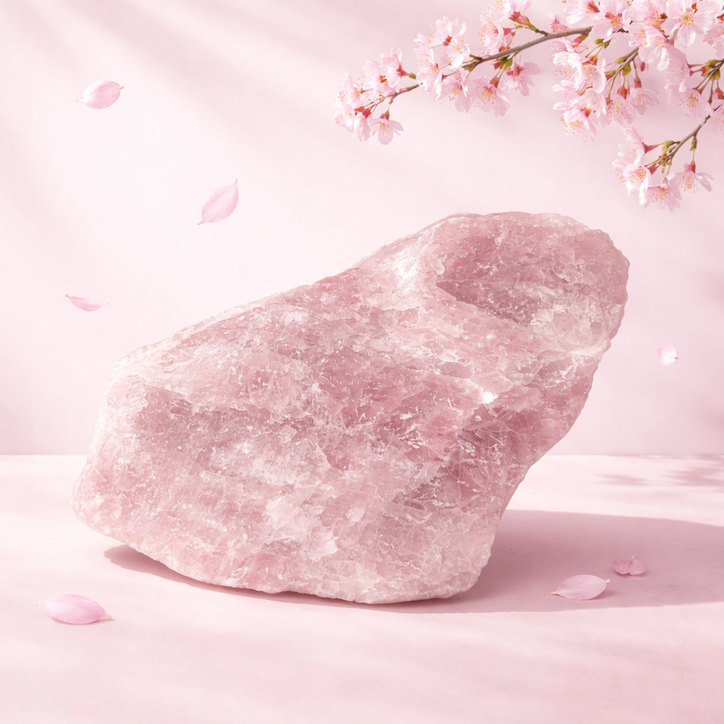Large rose quartz crystal stone with cherry blossoms on a pink background
