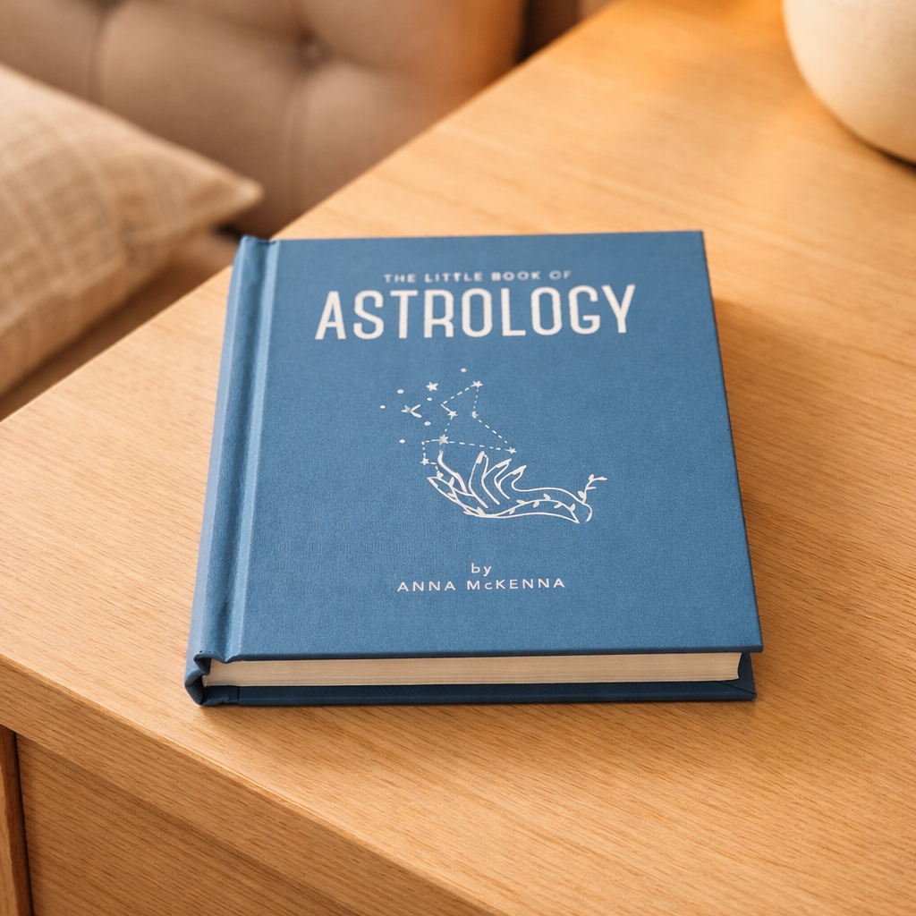Blue book titled 'The Little Book of Astrology' by Anna McKenna on a wooden surface.