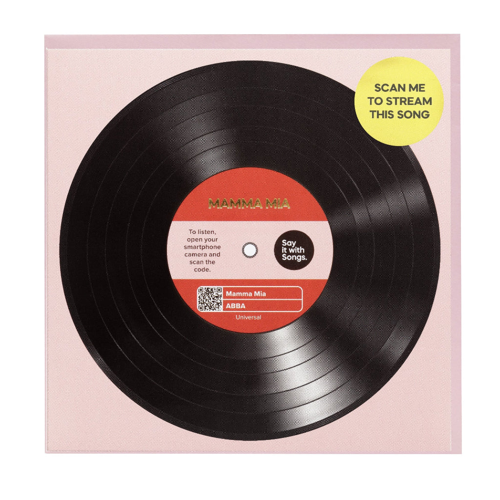 Vinyl record with a red label featuring QR code and text on a pink background