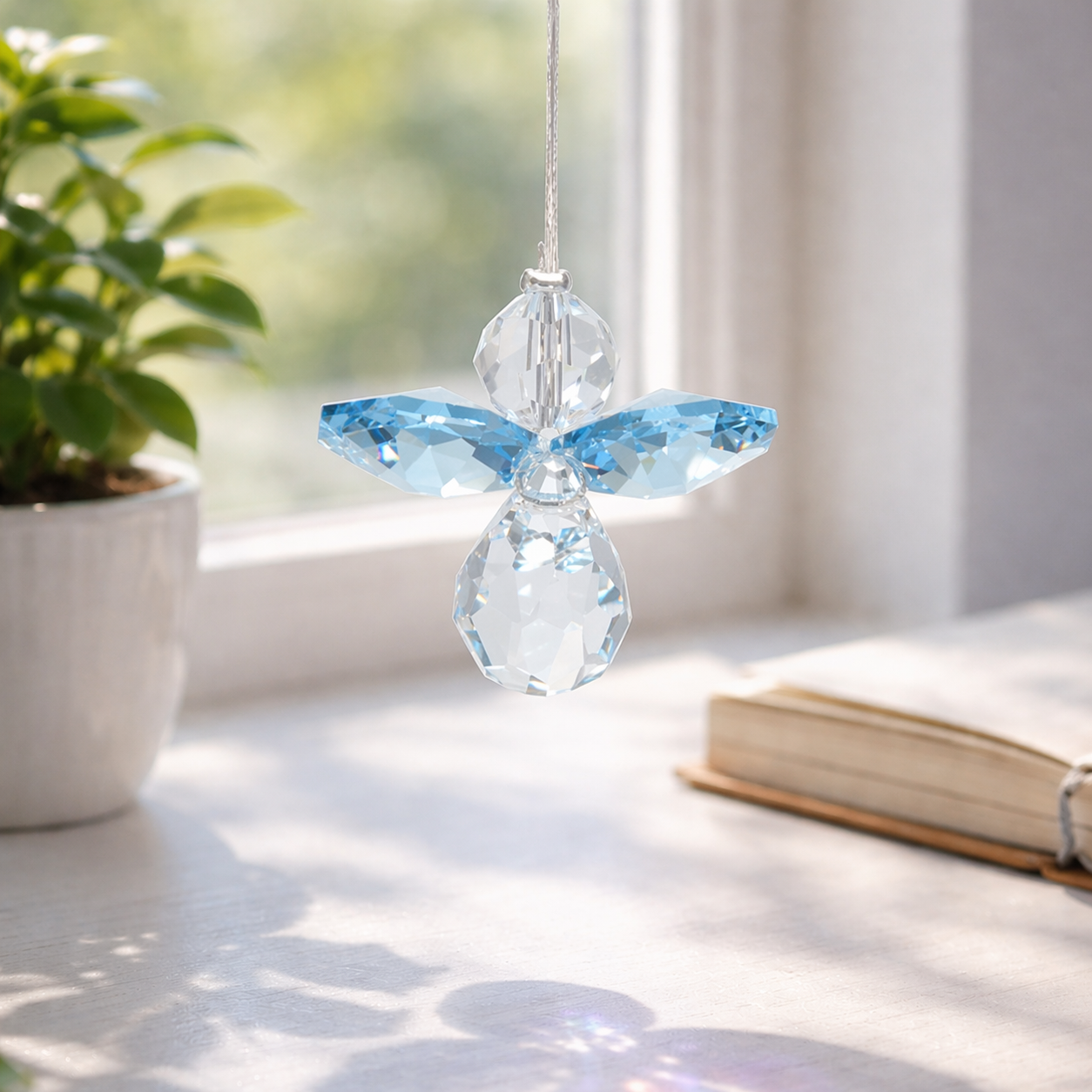 Crystal angel ornament on a windowsill with a plant and book in the background