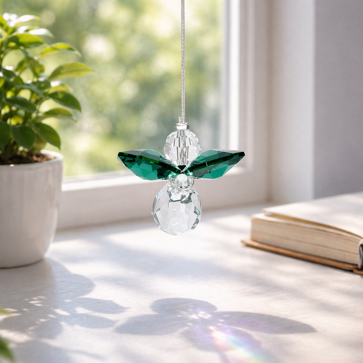 Colorful crystal angel decoration hanging on a wire with a plant and book in the background.