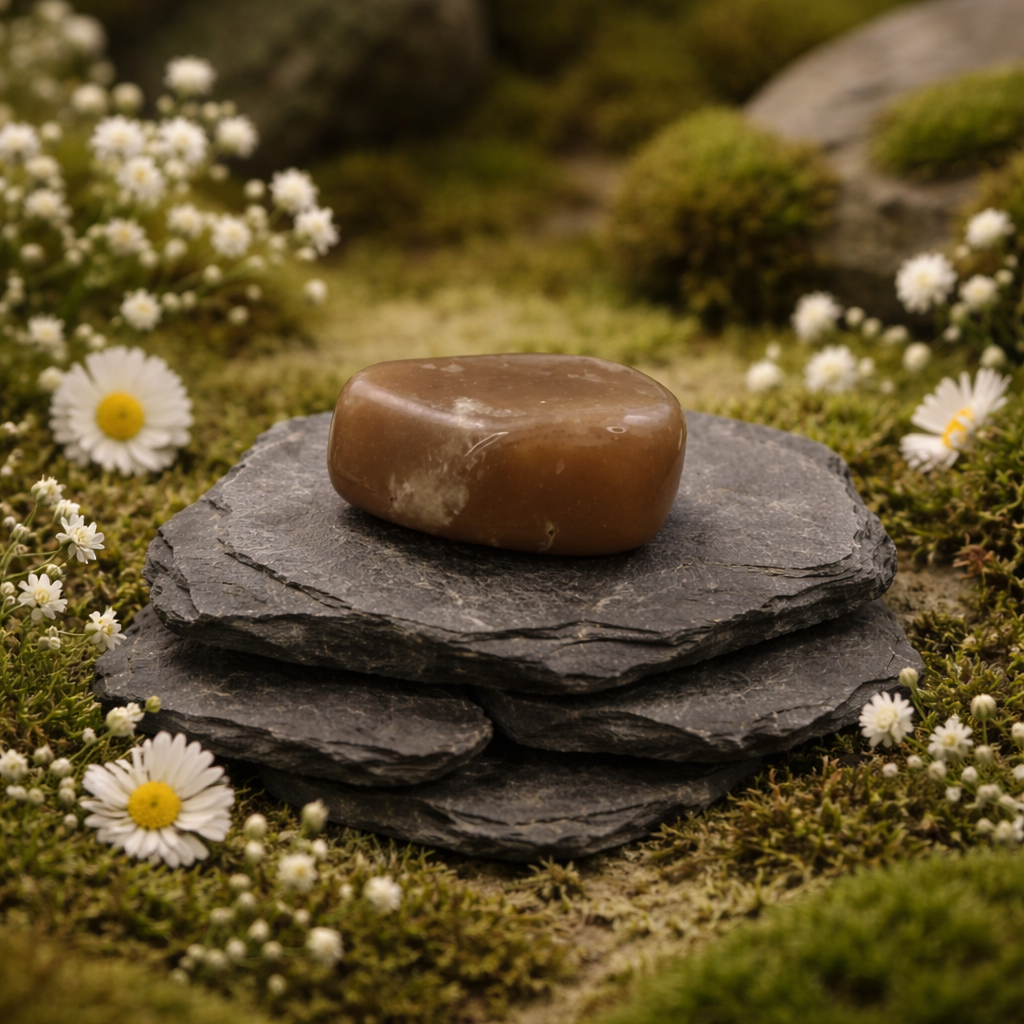 Brown moonstone tumblestone on stacked black stones with white flowers and green moss in the background
