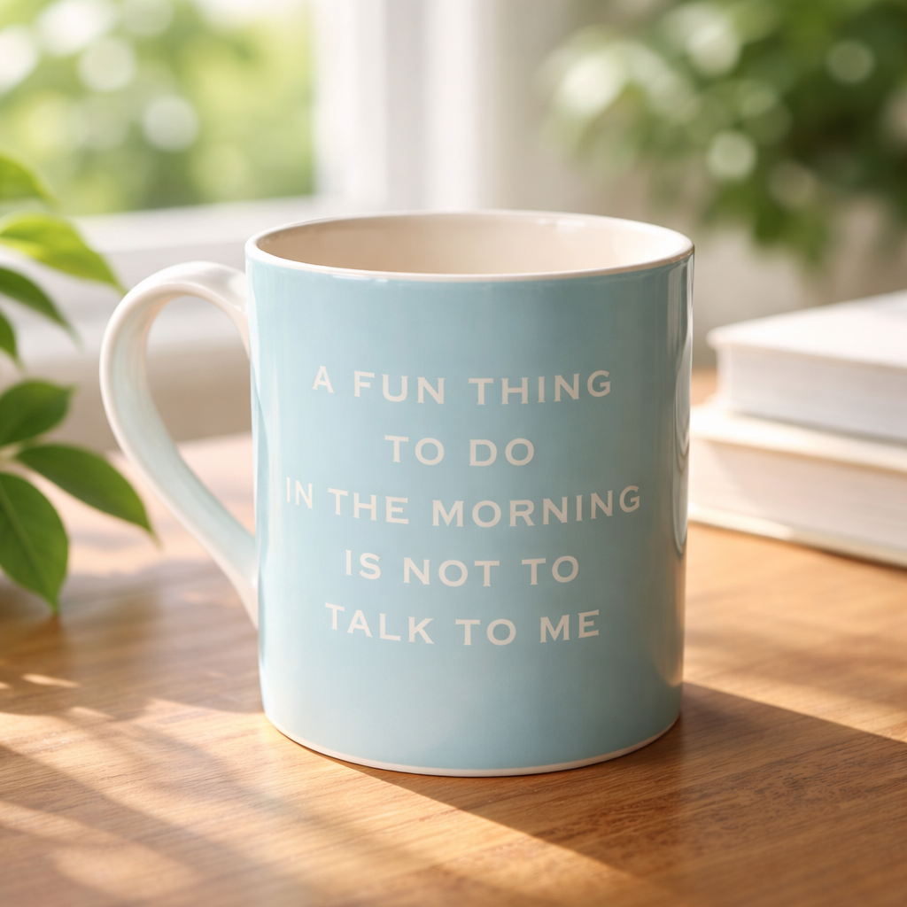 Light blue mug with text on a wooden table with plants in the background