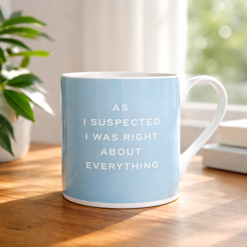 Light blue mug with text on a wooden surface with a plant and books in the background