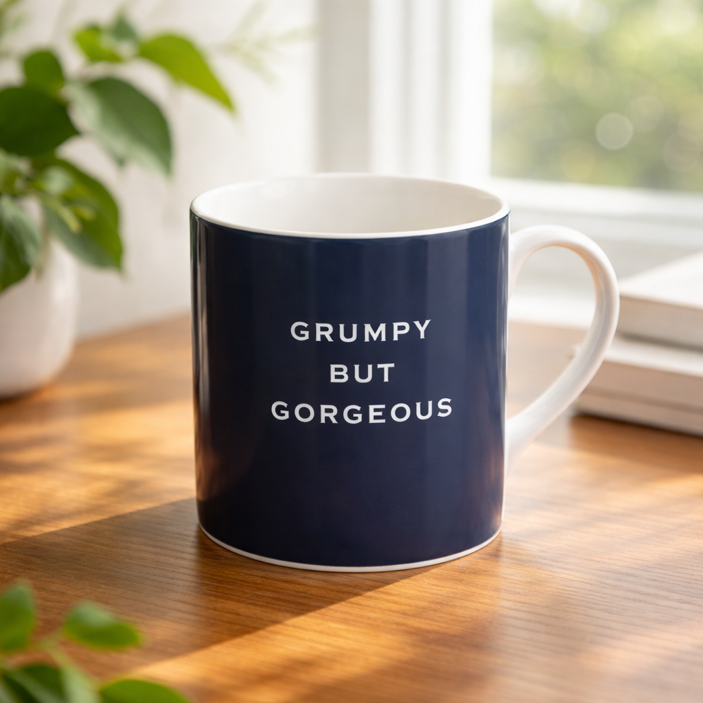 Navy blue mug with 'GRUMPY BUT GORGEOUS' text on a wooden surface with plants and a window in the background