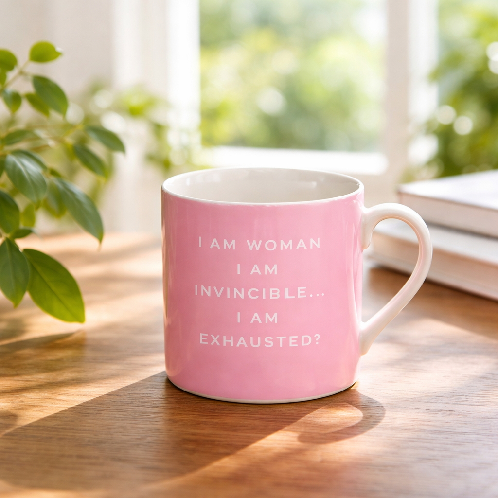 Pink mug with humorous quote on a wooden surface with plants and books in the background