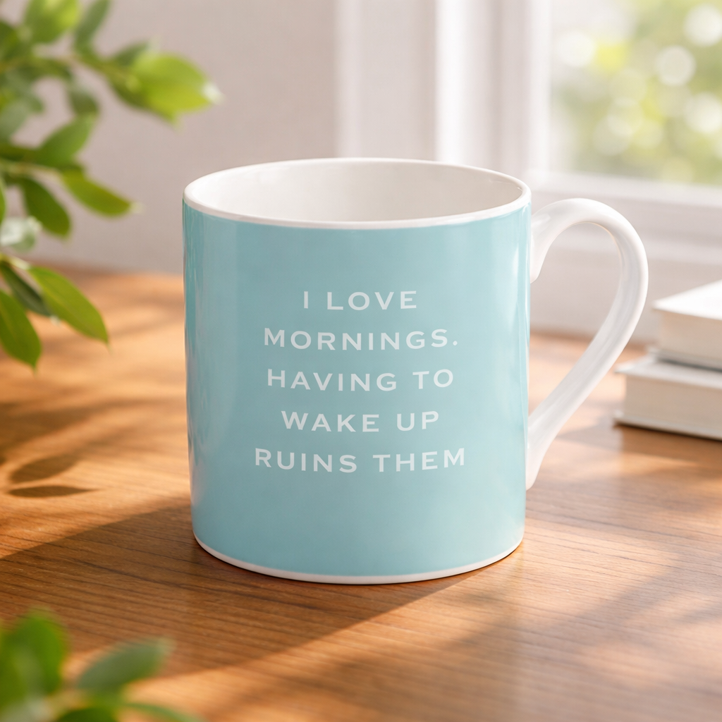 Light blue mug with white text on a wooden table with plants and books in the background