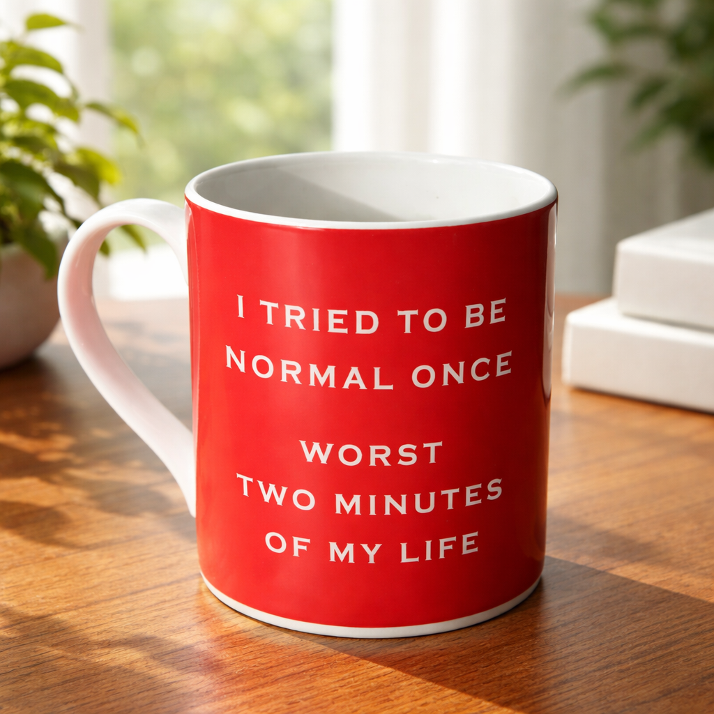 Red mug with humorous text on a wooden surface