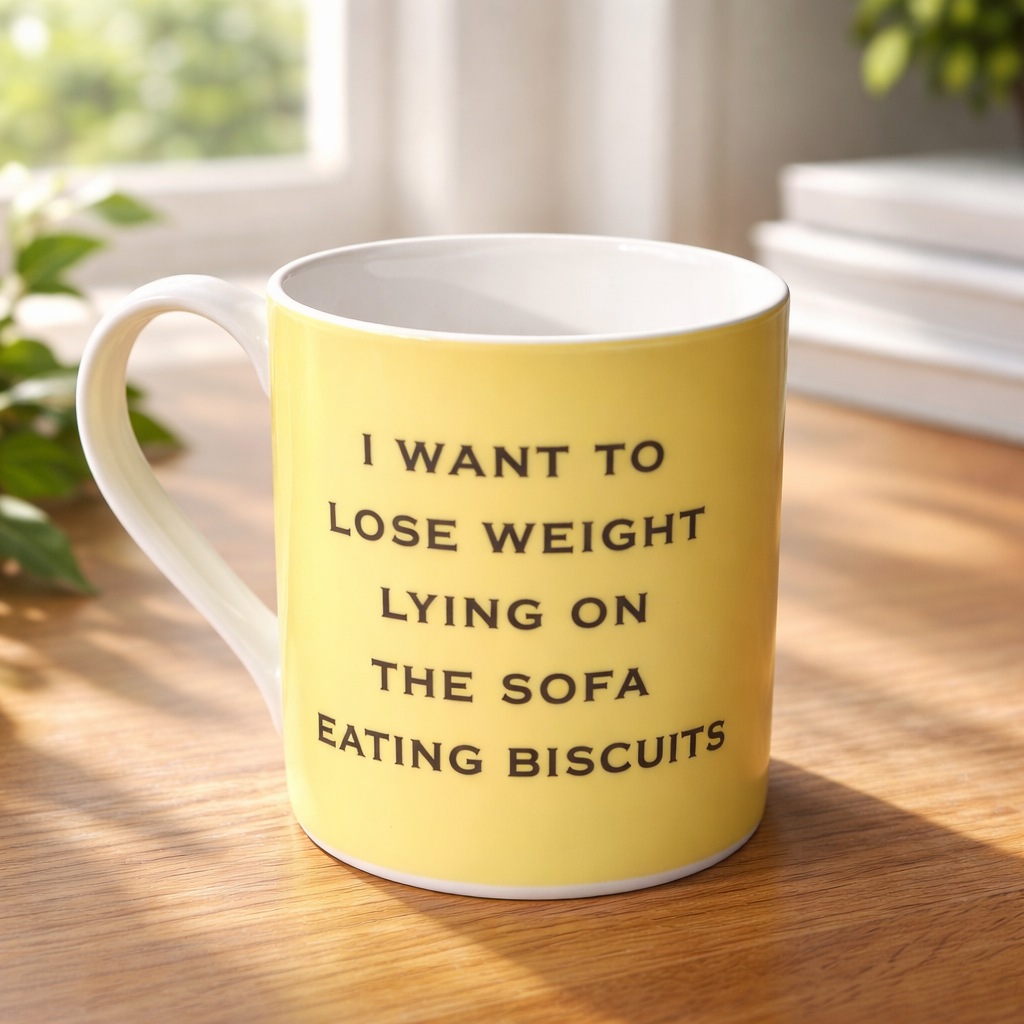 Yellow mug with text on a wooden table