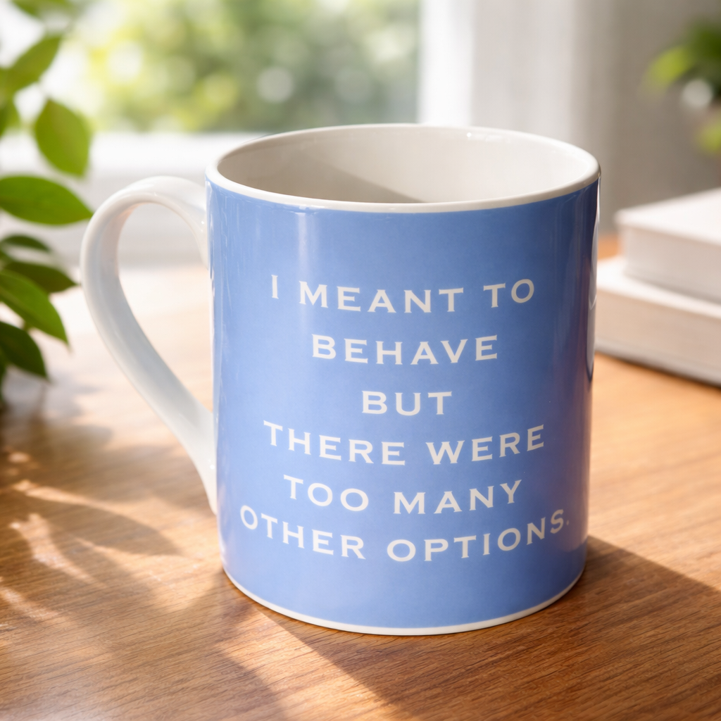 Blue mug with humorous text on a wooden table with a blurred background