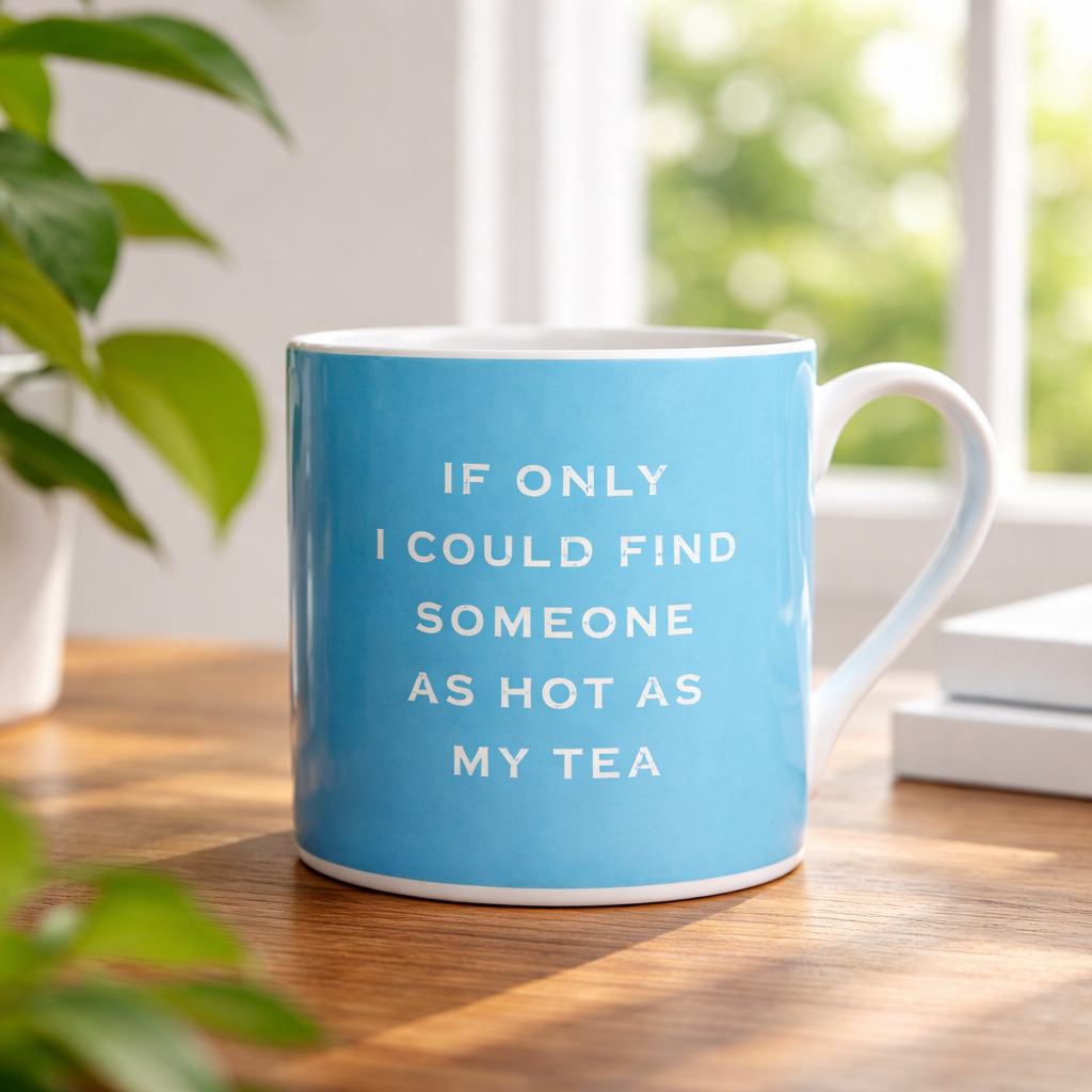 Blue mug with humorous text on a wooden table with plants and a window in the background