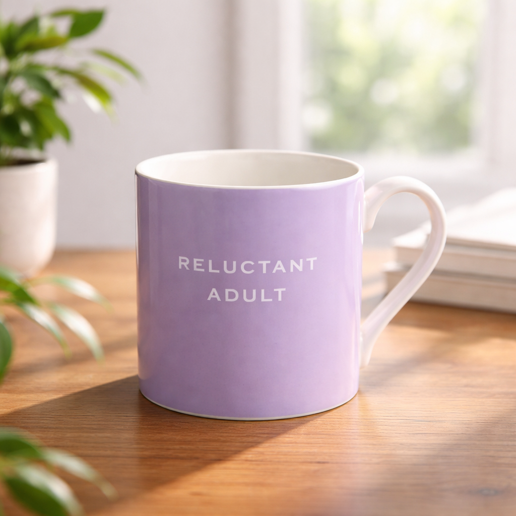 Purple mug with 'Reluctant Adult' text on a wooden table with plants and window in the background