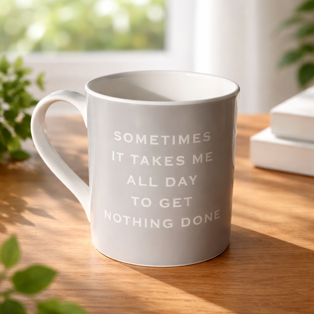 White mug with humorous text on a wooden surface with a blurred background