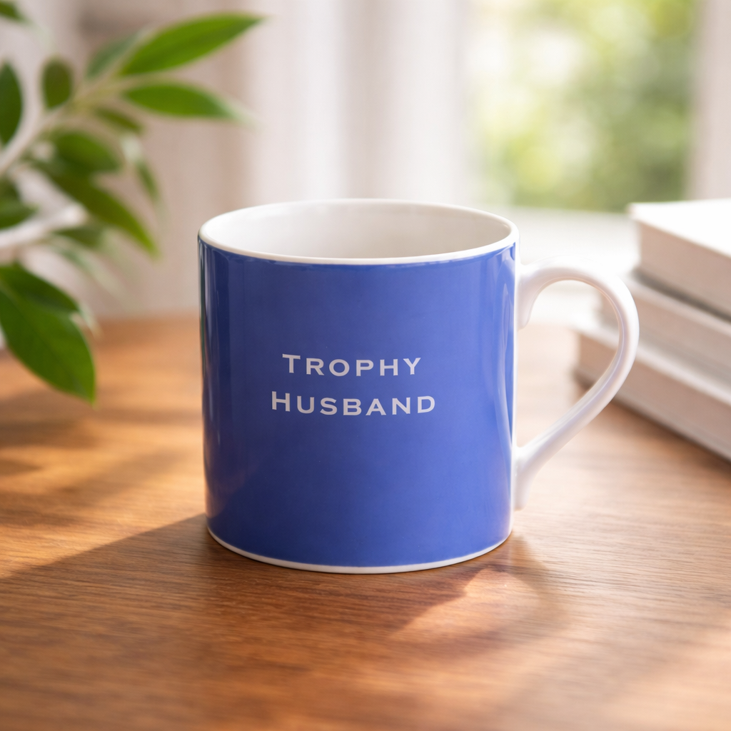 Blue mug with 'Trophy Husband' text on a wooden table
