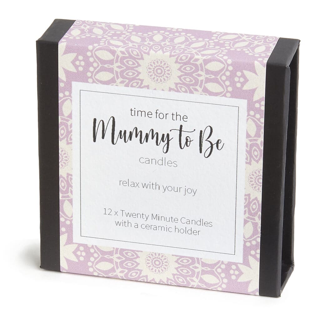 Candle set packaging for 'Mummy to Be' with purple and white design