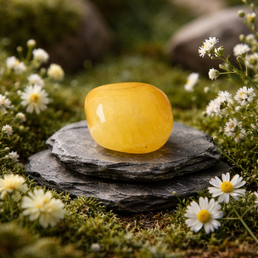 Orange calcite tumblestone on stacked stones surrounded by white flowers in a natural setting