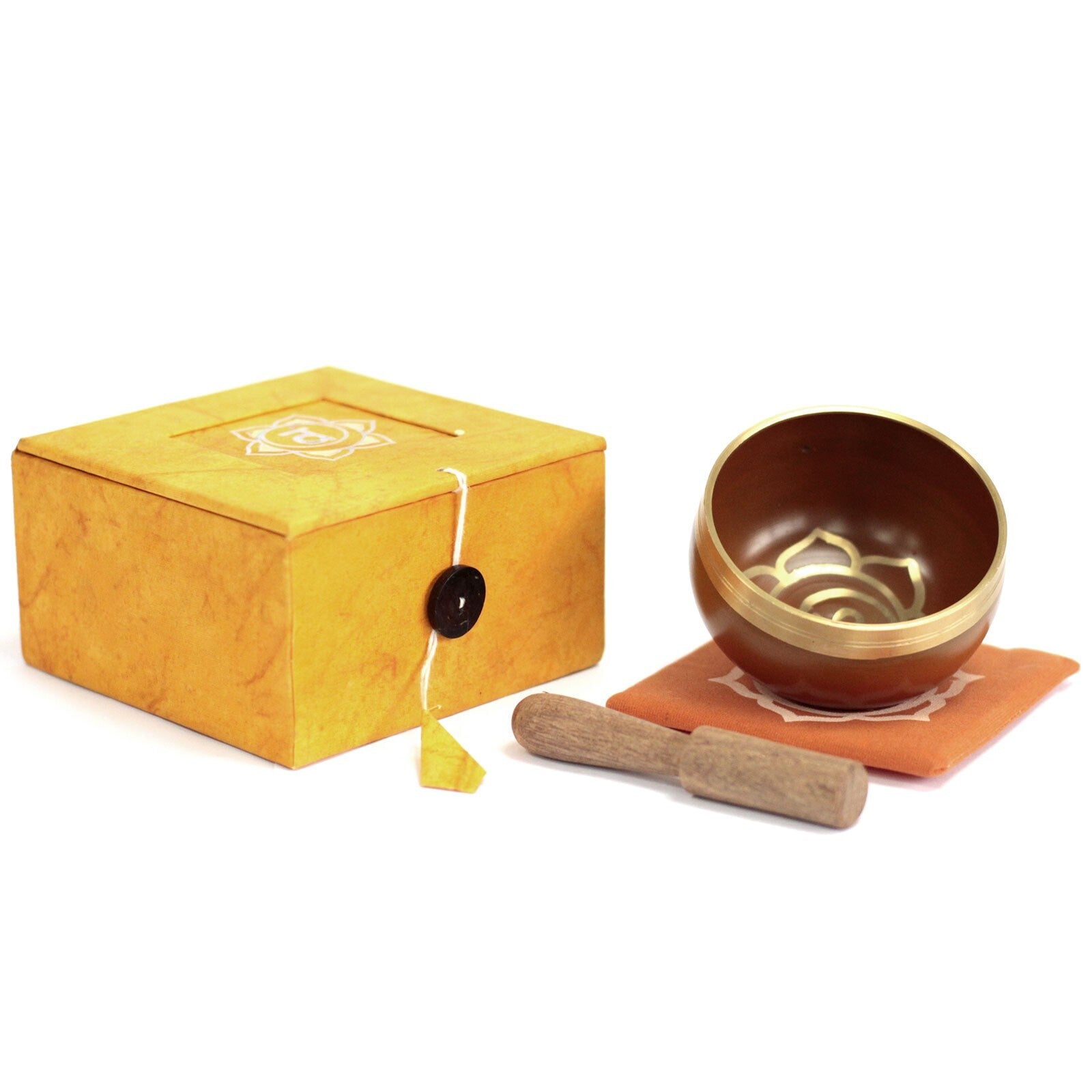 Orange singing bowl set with orange box, wooden mallet, and orange mat on a white background