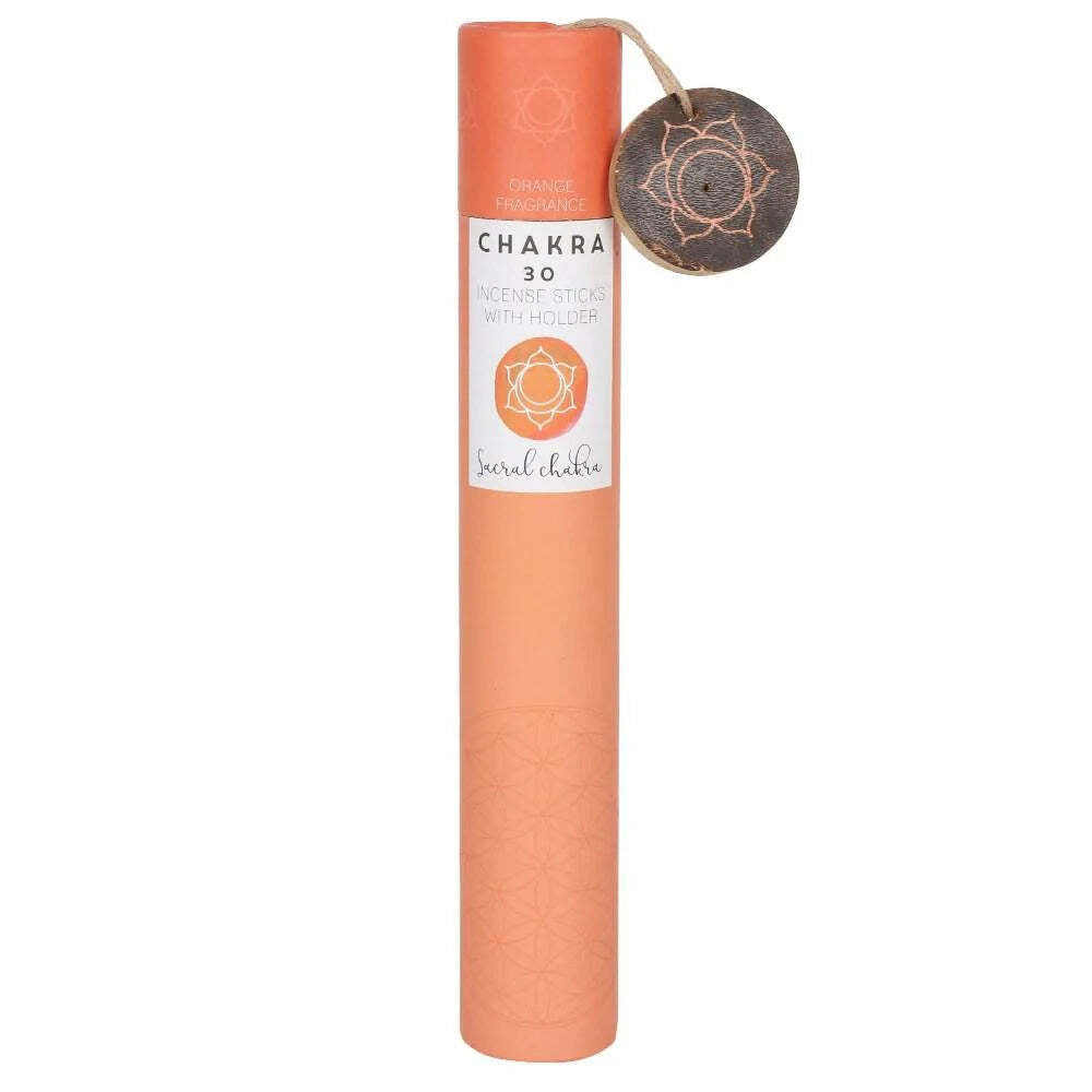 Coral-colored Orange incense 'Chakra' with a decorative label on a white background