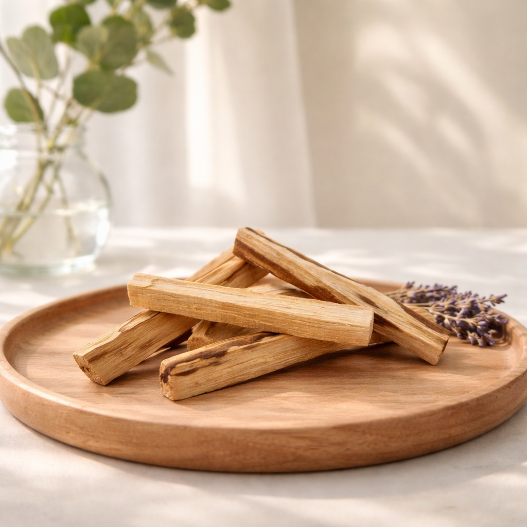 Palo santo sticks on a wooden plate with a blurred background